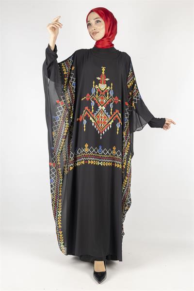 Büyük Beden Kanaviçe Desen Baskılı Şifon Elbise Siyah OTW314