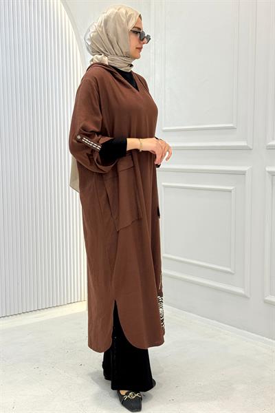 Büyük Beden Kapüşonlu Cep Detaylı Desenli Tesettür Elbise Kahve OTW4003