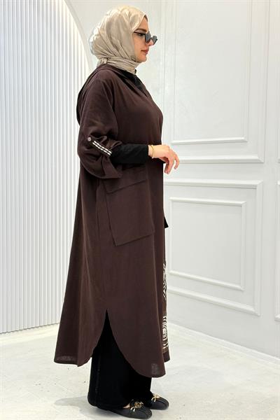 Büyük Beden Kapüşonlu Cep Detaylı Desenli Tesettür Elbise Koyu Kahve OTW4003