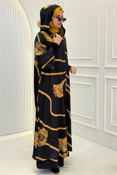 Büyük Beden Kapüşonlu Desenli Uzun Tesettür Takım Desenli OTW9605