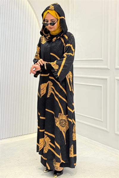 Büyük Beden Kapüşonlu Desenli Uzun Tesettür Takım Desenli OTW9605