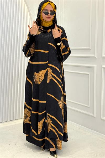 Büyük Beden Kapüşonlu Desenli Uzun Tesettür Takım Desenli OTW9605