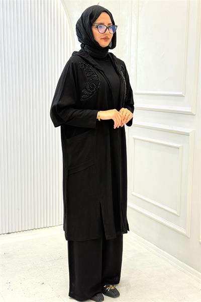 Büyük Beden Kapüşonlu İnci İşlemeli Tesettür Takım Siyah OTW1352