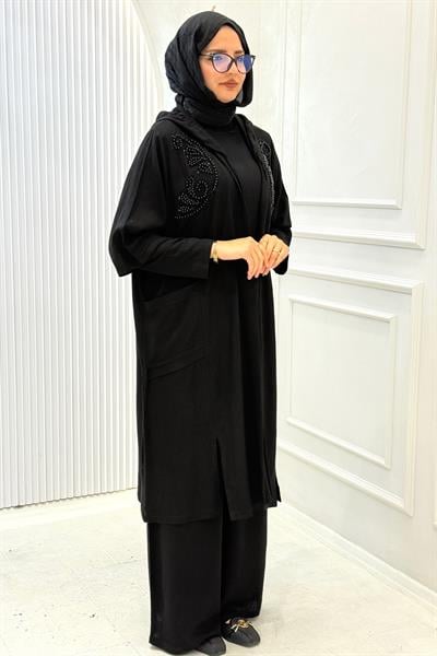 Büyük Beden Kapüşonlu İnci İşlemeli Tesettür Takım Siyah OTW1352