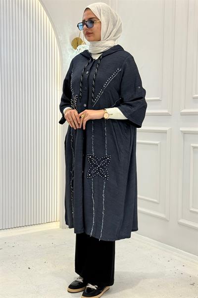 Büyük Beden Kapüşonlu Taş İşlemeli Denim Kap Lacivert OTW1279