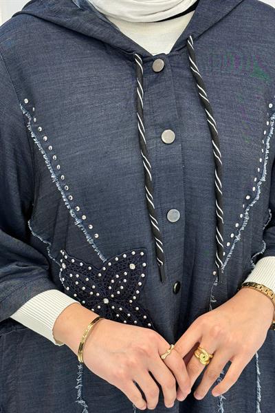 Büyük Beden Kapüşonlu Taş İşlemeli Denim Kap Lacivert OTW1279