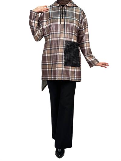 Büyük Beden Kareli Tunik Kahve OTW6026