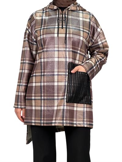 Büyük Beden Kareli Tunik Kahve OTW6026