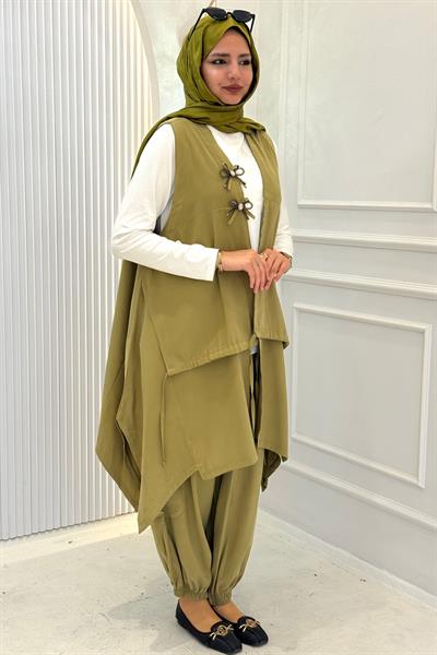 Büyük Beden Kat Detaylı Yelekli Pantolonlu Takım Yeşil OTW1867