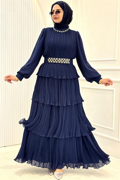 Büyük Beden Kat Kat Piliseli Tesettür Etekli Takım Lacivert OTW45857