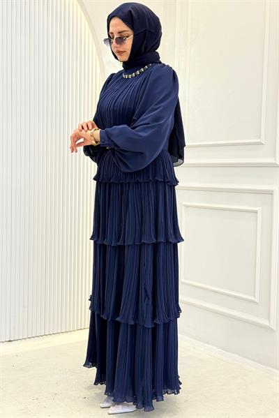 Büyük Beden Kat Kat Piliseli Tesettür Etekli Takım Lacivert OTW45857