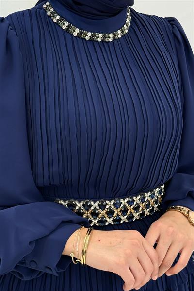 Büyük Beden Kat Kat Piliseli Tesettür Etekli Takım Lacivert OTW45857