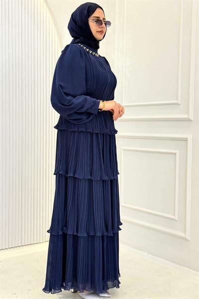 Büyük Beden Kat Kat Piliseli Tesettür Etekli Takım Lacivert OTW45857
