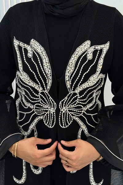 Büyük Beden Kelebek Taş İşlemeli Abaya Takım Siyah OTW46923