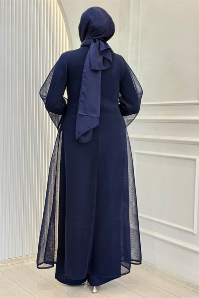 Büyük Beden Kelebek Taş İşlemeli Abaya Takım Lacivert OTW46923