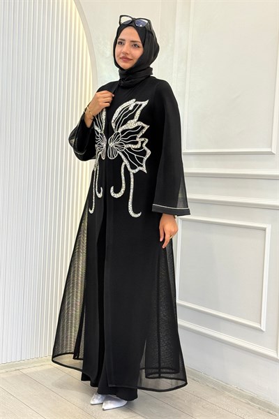 Büyük Beden Kelebek Taş İşlemeli Abaya Takım Siyah OTW46923