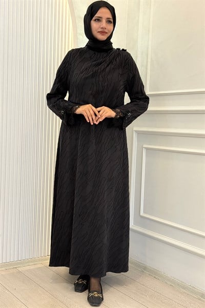 Büyük Beden Kesme Kupra Dantel Manşetli Elbise Siyah OTW5050