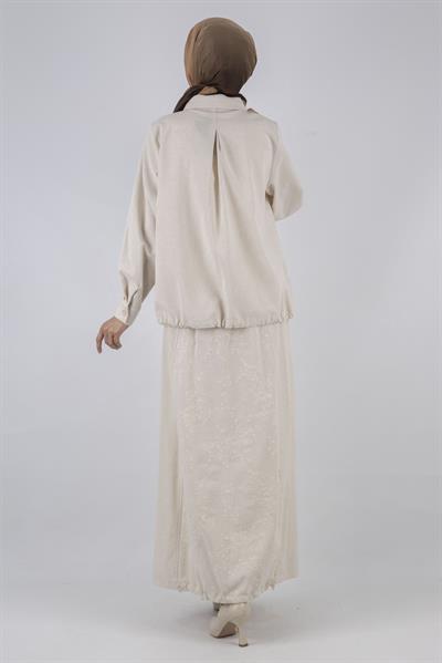 Büyük Beden Keten Etekli Takım Krem OTW1052