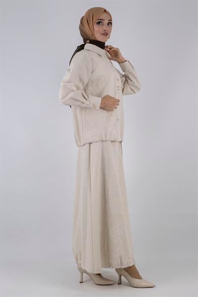 Büyük Beden Keten Etekli Takım Krem OTW1052