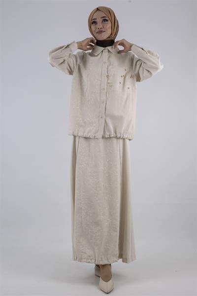 Büyük Beden Keten Etekli Takım Krem OTW1052