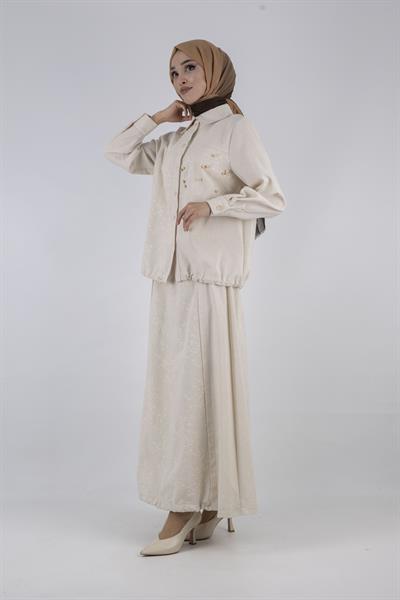 Büyük Beden Keten Etekli Takım Krem OTW1052