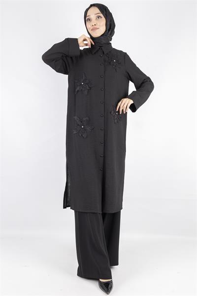 Büyük Beden Keten  Gömlek Siyah OTW44418