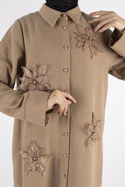 Büyük Beden Keten  Gömlek Vizon OTW44418