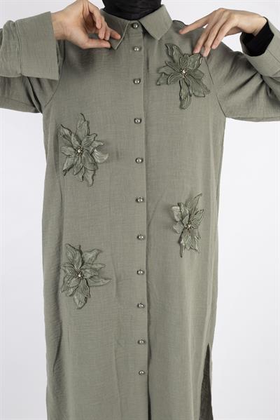 Büyük Beden Keten  Gömlek Yeşil OTW44418