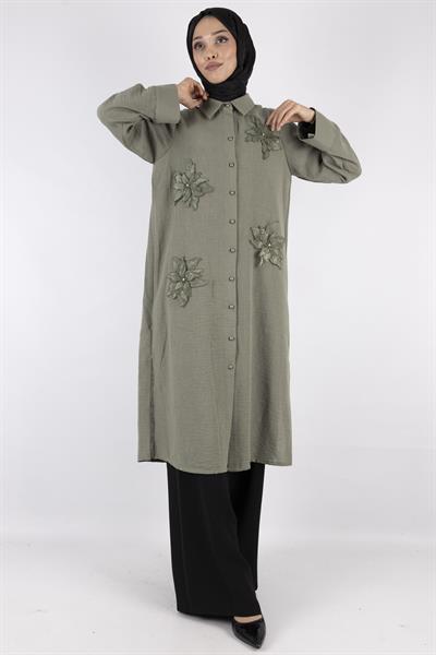 Büyük Beden Keten  Gömlek Yeşil OTW44418