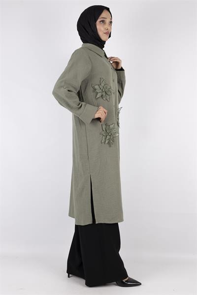 Büyük Beden Keten  Gömlek Yeşil OTW44418