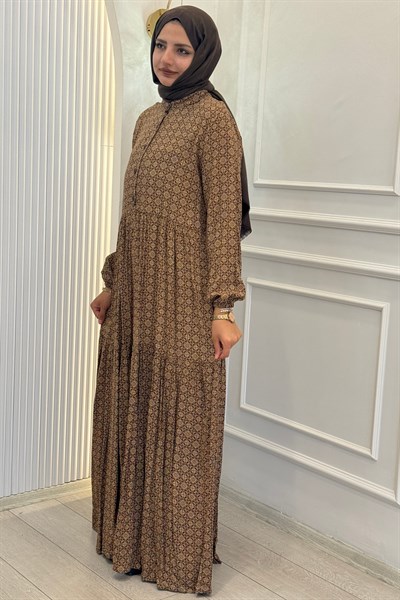 Büyük Beden Kilim Desenli Viskon Elbise Kahve OTW2093-2