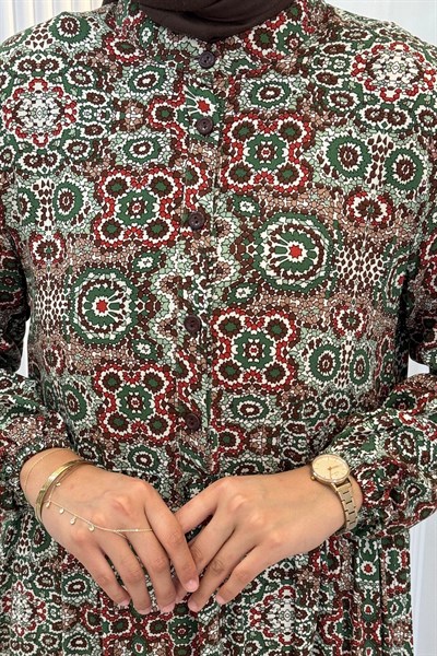 Büyük Beden Kilim Desenli Viskon Elbise Zümrüt OTW2093-2