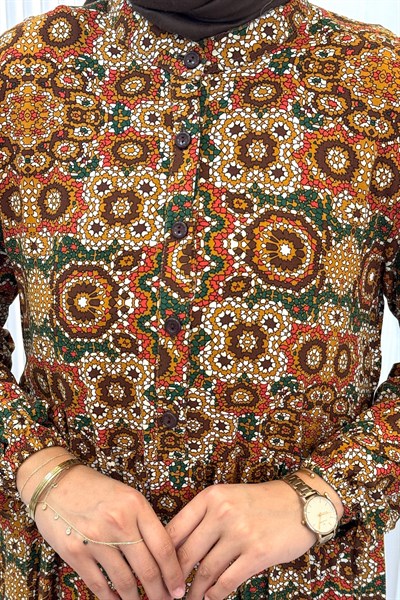 Büyük Beden Kilim Desenli Viskon Elbise Hardal OTW2093-2