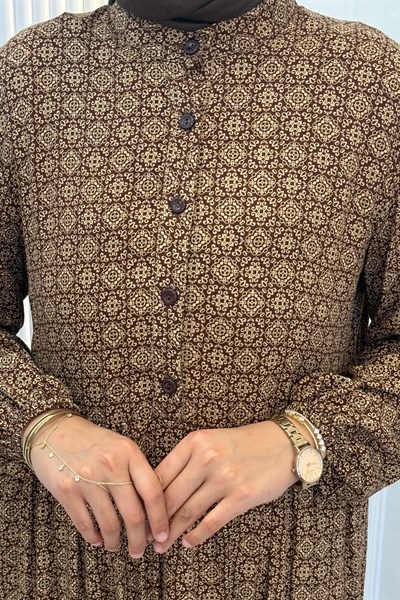 Büyük Beden Kilim Desenli Viskon Elbise Kahve OTW2093-2