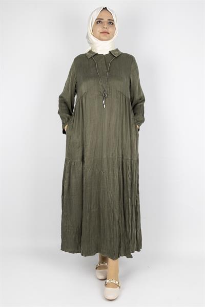 Büyük Beden Kolyeli Qupra Kumaş Elbise Haki OTW5793