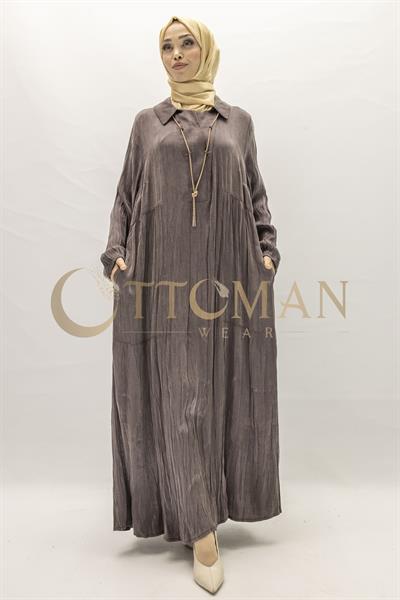 Büyük Beden Kolyeli Qupra Kumaş Elbise Brown OTW5793