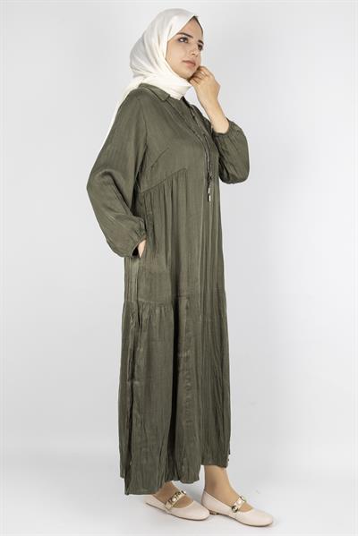 Büyük Beden Kolyeli Qupra Kumaş Elbise Haki OTW5793
