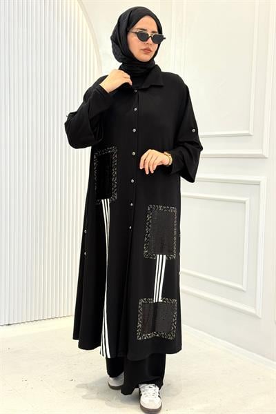 Büyük Beden Kontrast Cep Detaylı Gömlek Elbise Siyah OTW5640