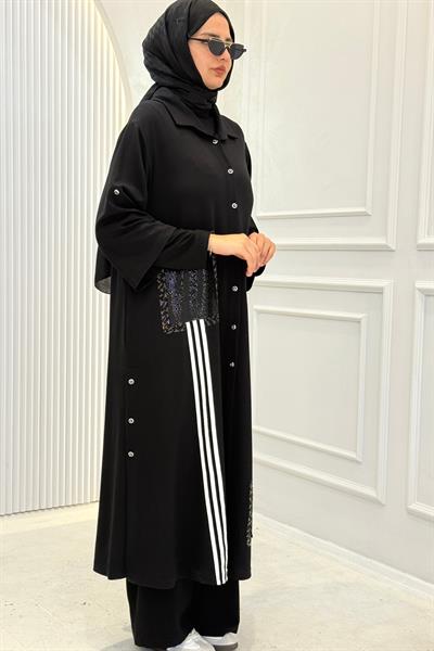 Büyük Beden Kontrast Cep Detaylı Gömlek Elbise Siyah OTW5640