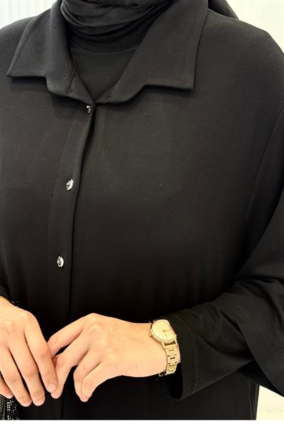 Büyük Beden Kontrast Cep Detaylı Gömlek Elbise Siyah OTW5640