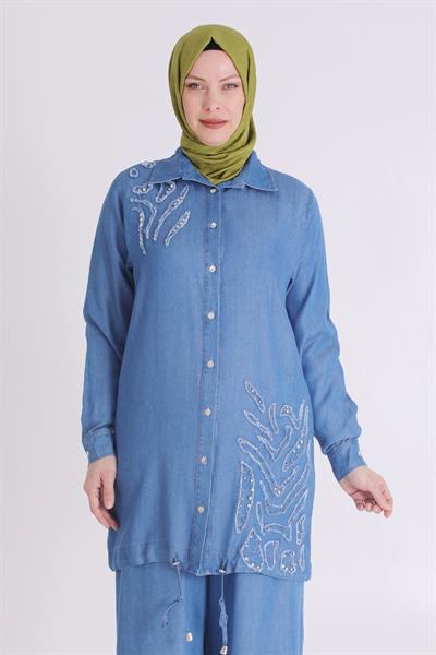 Büyük Beden Kot Pantolonlu Takım Mavi OTW35118