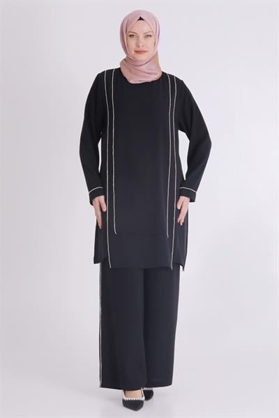 Büyük Beden Krep Taşlı Pantolonlu Takım Siyah OTW60022
