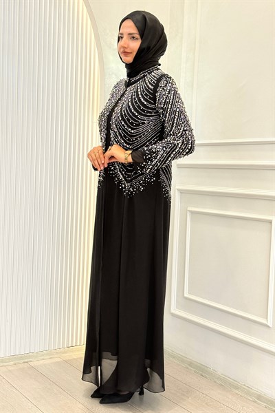 Büyük Beden Kristal Taş İşlemeli Abaya Takım Siyah OTW804