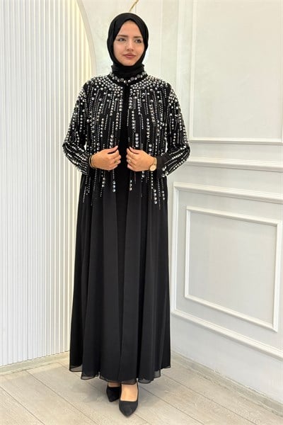 Büyük Beden Kristal Taş İşlemeli Abaya Takım Siyah OTW703