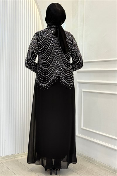 Büyük Beden Kristal Taş İşlemeli Abaya Takım Siyah OTW804