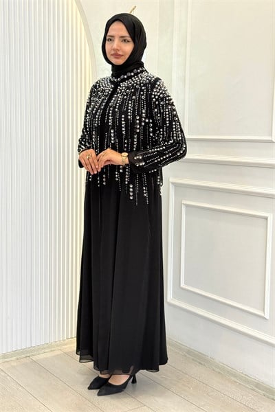 Büyük Beden Kristal Taş İşlemeli Abaya Takım Siyah OTW703
