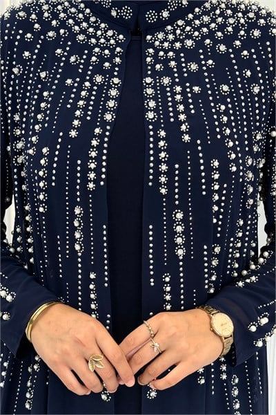 Büyük Beden Kristal Taş İşlemeli Abaya Takım Lacivert OTW703