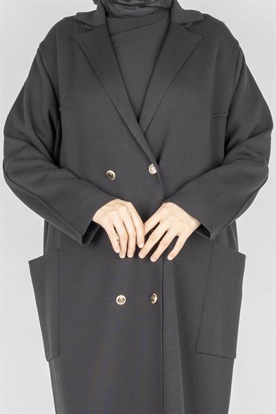 Büyük Beden Kruvaze Yaka Cepli Siyah Çellik Örme Ceket Siyah OTW14247