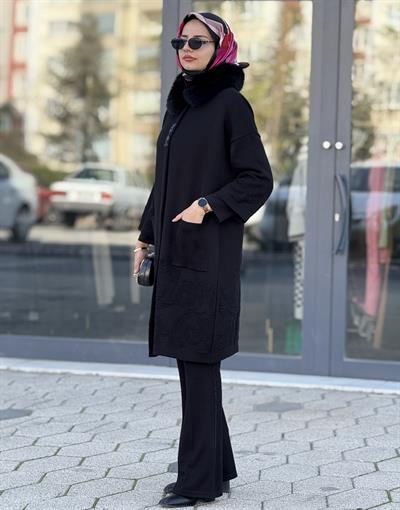 Büyük Beden Kürk Yaka Angora Kaban Siyah OTW13668