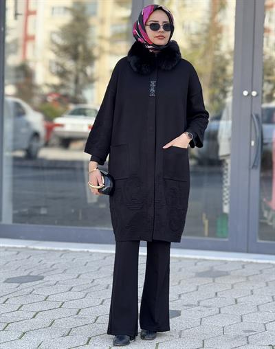 Büyük Beden Kürk Yaka Angora Kaban Siyah OTW13668